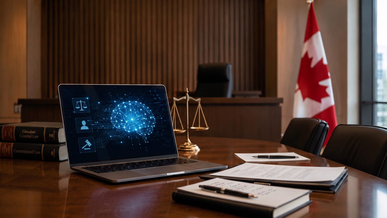 An open laptop displaying a glowing AI brain graphic sits on a boardroom table beside legal documents, a set of brass scales and a Canadian flag.