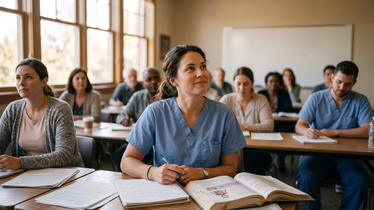 A woman in medical scrubs sits at a classroom desk with an open textbook and notebook, taking notes alongside other adult students.