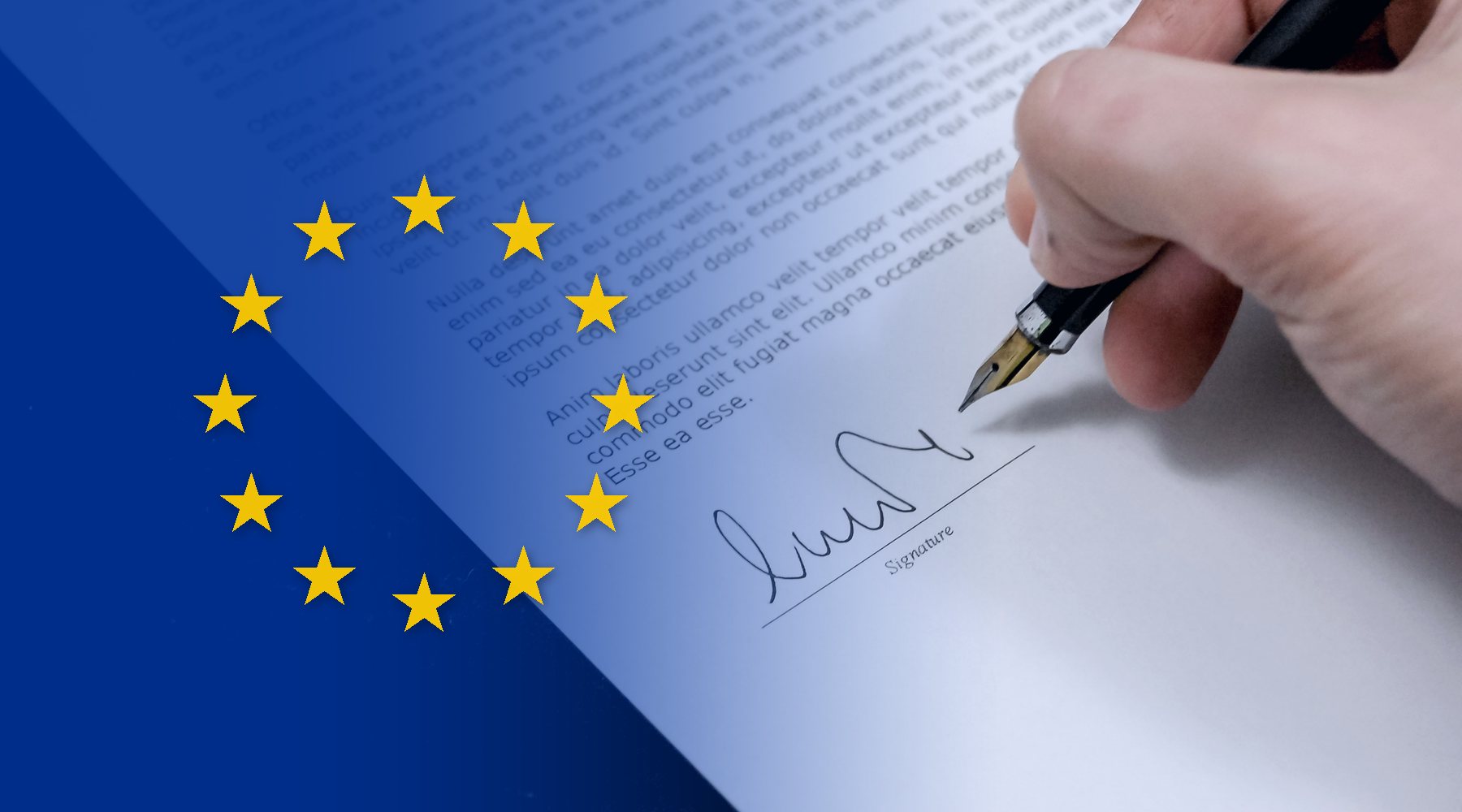Podpis pod odpowiedzią na pismo banku na tle gwiazd flagi Unii Europejskiej