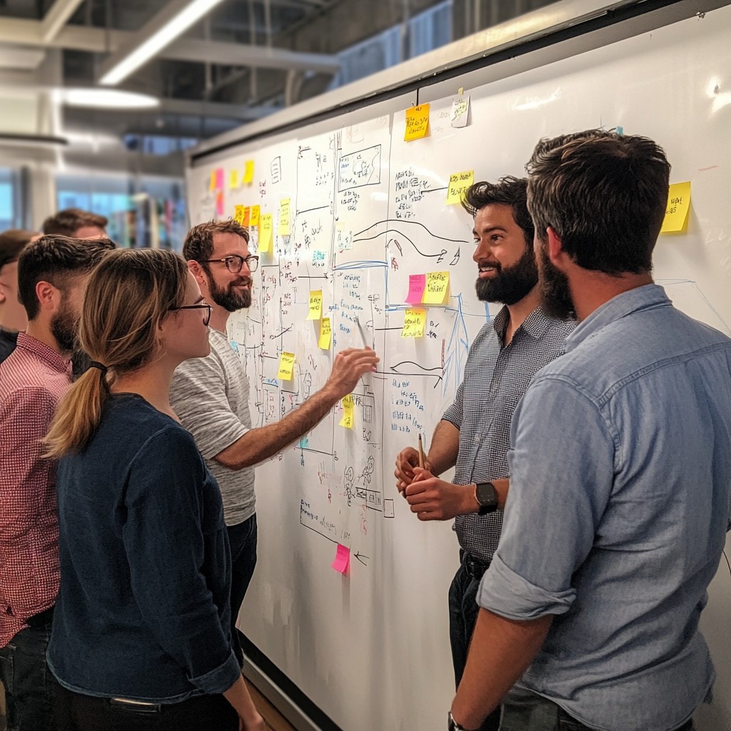 Team members brainstorming goals together around a whiteboard during an offsite planning session