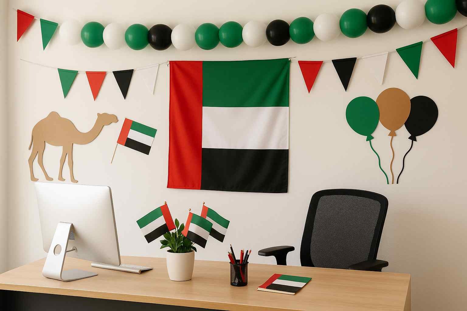 Modern office decorated for UAE National Day celebrations with UAE flags, patriotic balloon garlands in green, white, black, and red, and a large UAE national flag on the wall. The setup includes a camel wall cutout, bunting, and festive balloons in the UAE color theme. The desk features a computer, a plant with small UAE flags, and accessories in national colors — creating a perfect workplace atmosphere for UAE National Day team activities or corporate celebrations in Dubai.