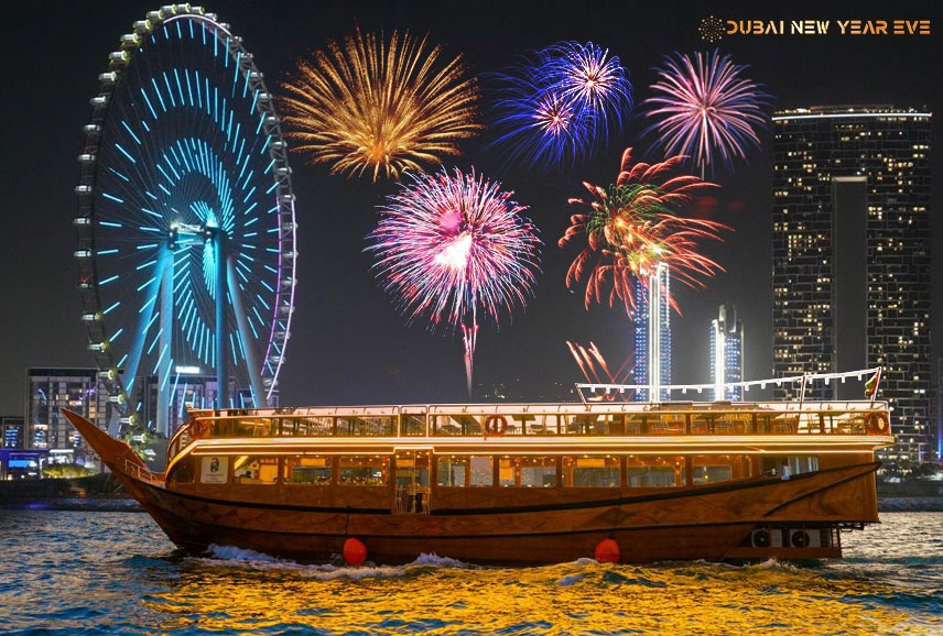 Night cruDhow cruise in Dubai Marina with fireworks and Ain Dubai in the background during New Yearâs Eve celebrations.ise at the Dubai Marina.