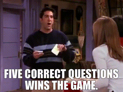 Ross Geller from the TV show Friends explaining quiz rules with the quote âFive correct questions wins the gameâ â a classic scene from the iconic trivia episode. Perfect for promoting game nights, quizzes, and pop culture content.