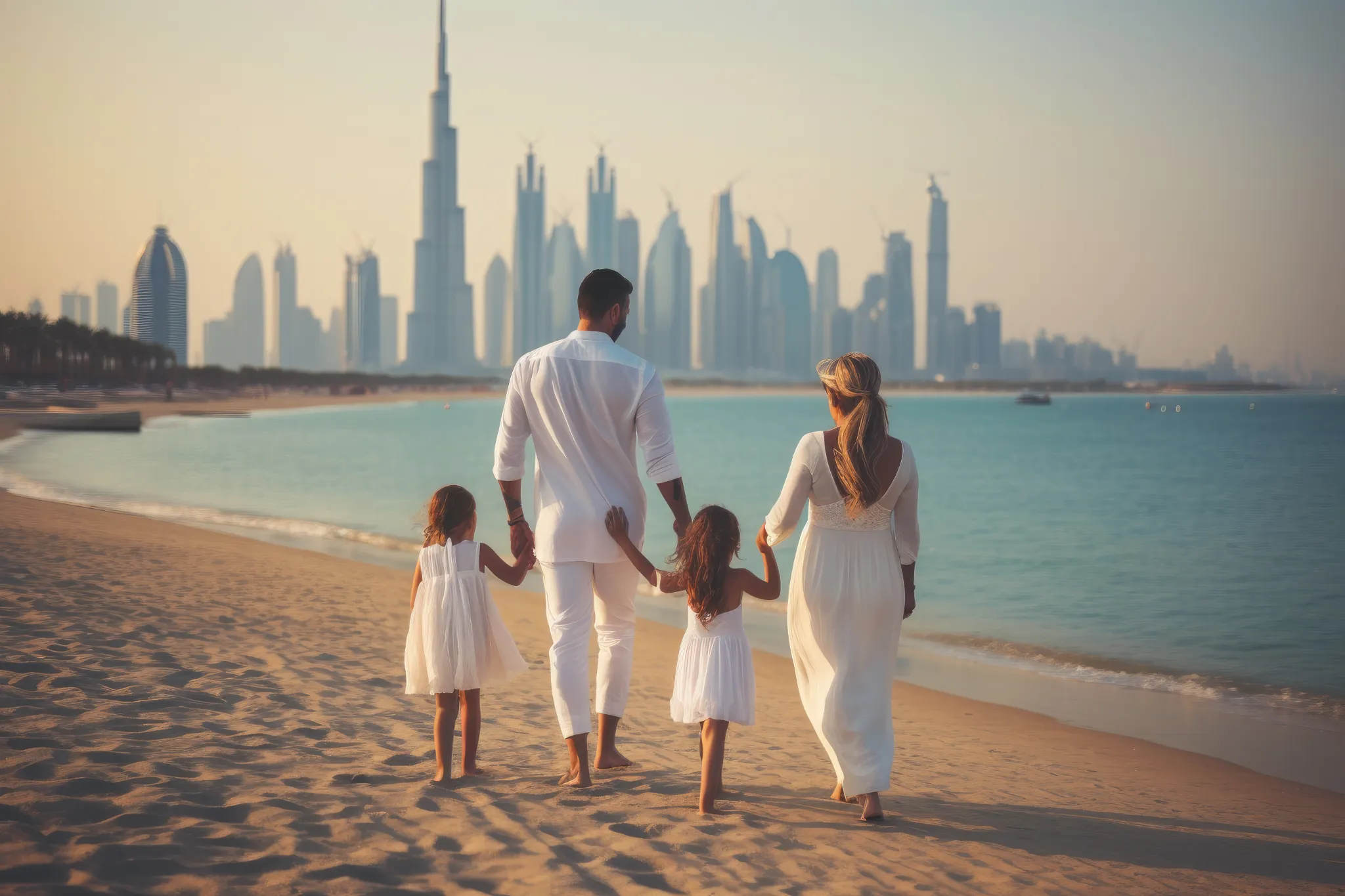 Family with two young children walking on a beach in Dubai at sunset, with the city skyline in the background — peaceful, upscale, and family-friendly.