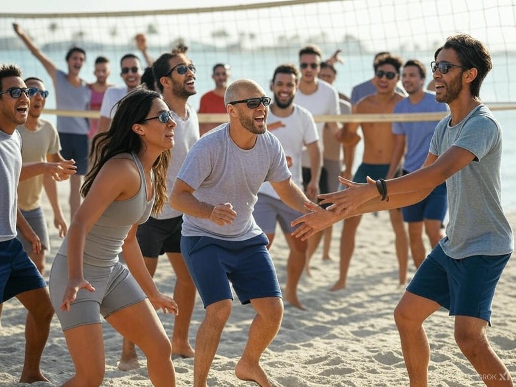 Friends cheering and playing beach volleyball on a sunny day at the beach in Dubai.
