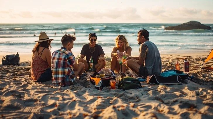 Friends enjoying a beach picnic with watermelon and drinks in Dubai