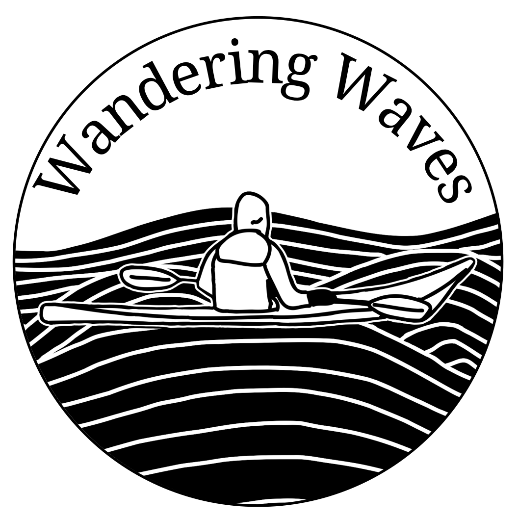 Black and white circular logo depicting a person kayaking on stylized waves with the text 'Wandering Waves' above.