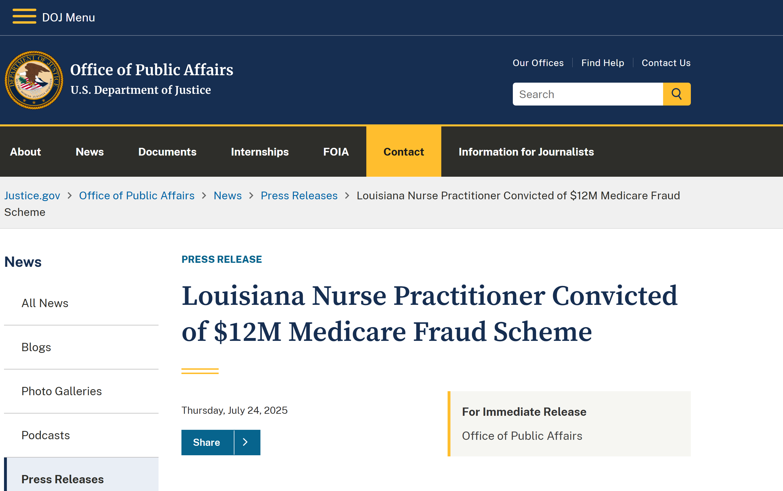 Louisiana Nurse Practitioner Convicted of Medicare Fraud