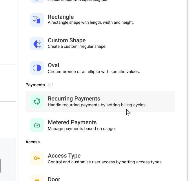 Screenshot of user selecting the recurring payments component in Alyta.