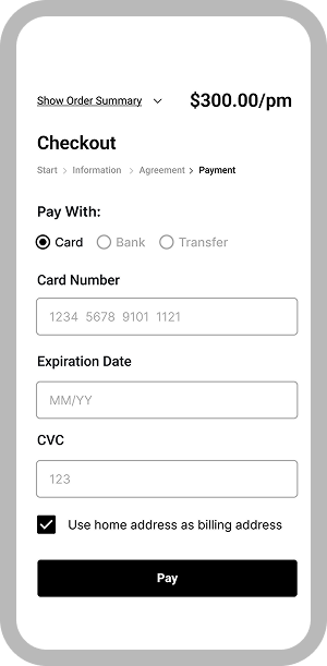 Example of mobile responsive checkout in Alyta.