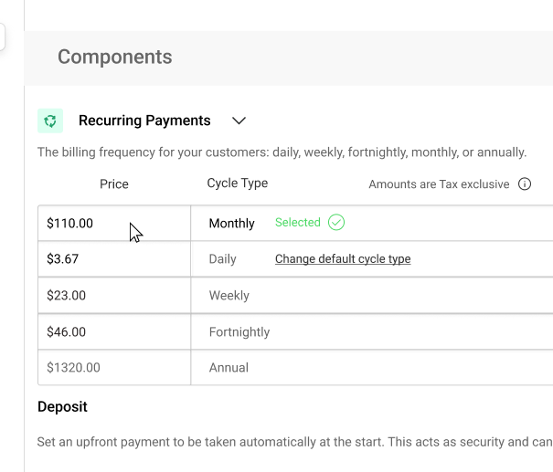 User editing the recurring payments component in the space builder within Alyta.