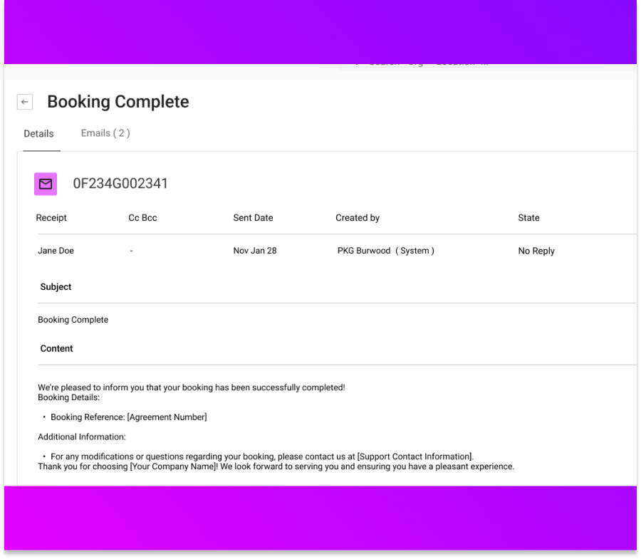A example of a booking being complete.