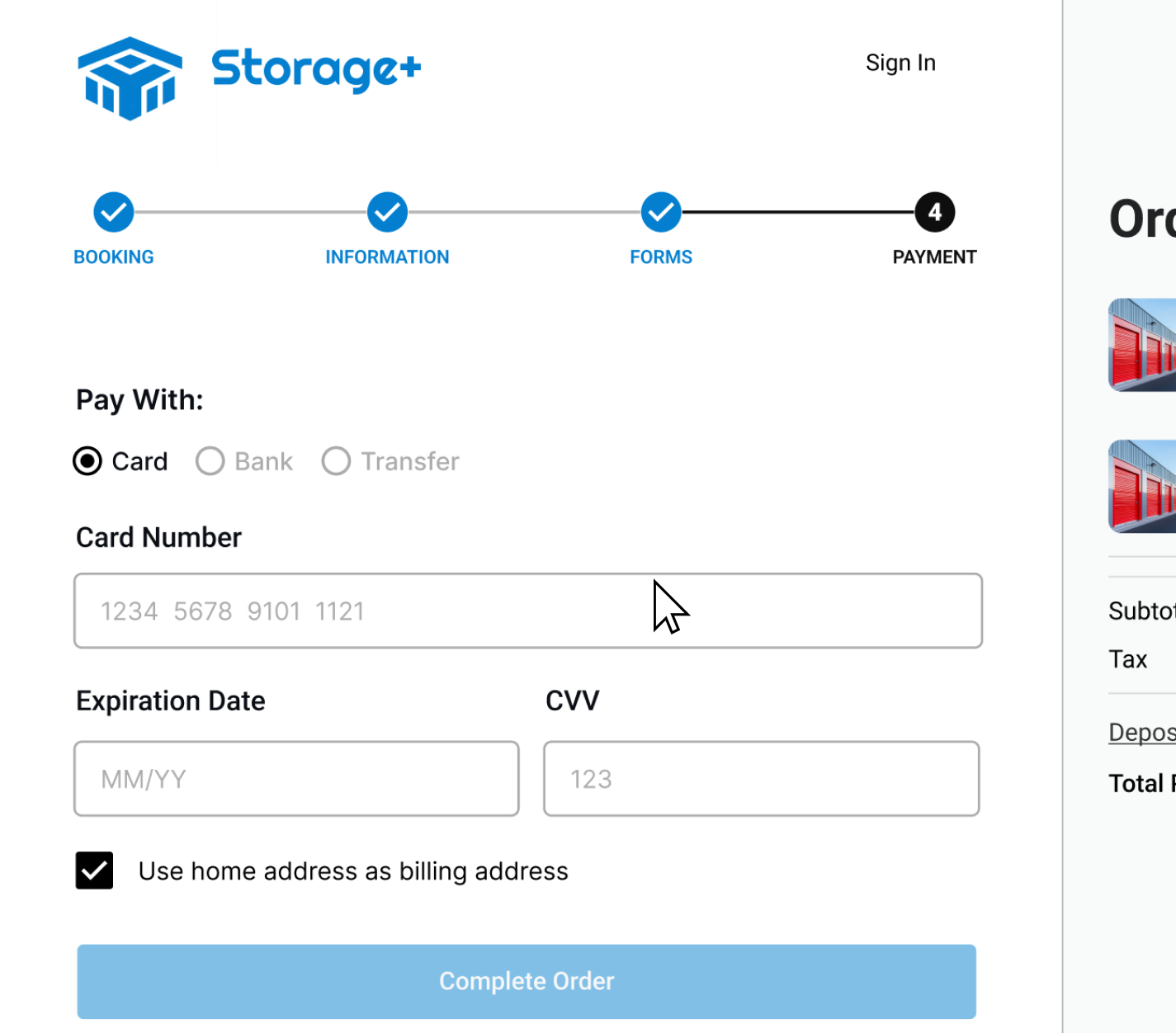 Alyta self-storage checkout page showing secure online payment form for customers to complete bookings and pay instantly