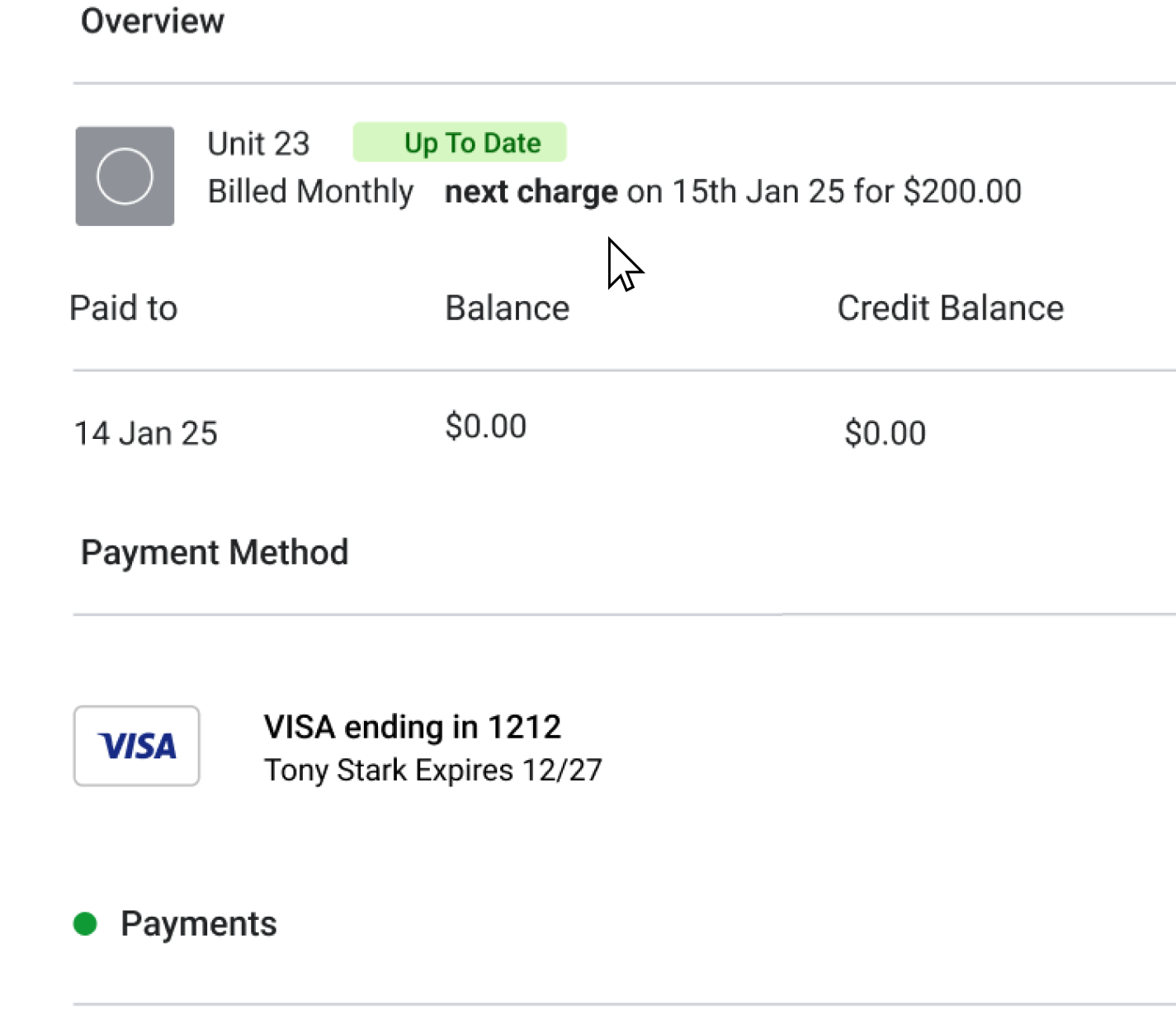 A screenshot of Alyta - self storage management software showing recuring payments. 