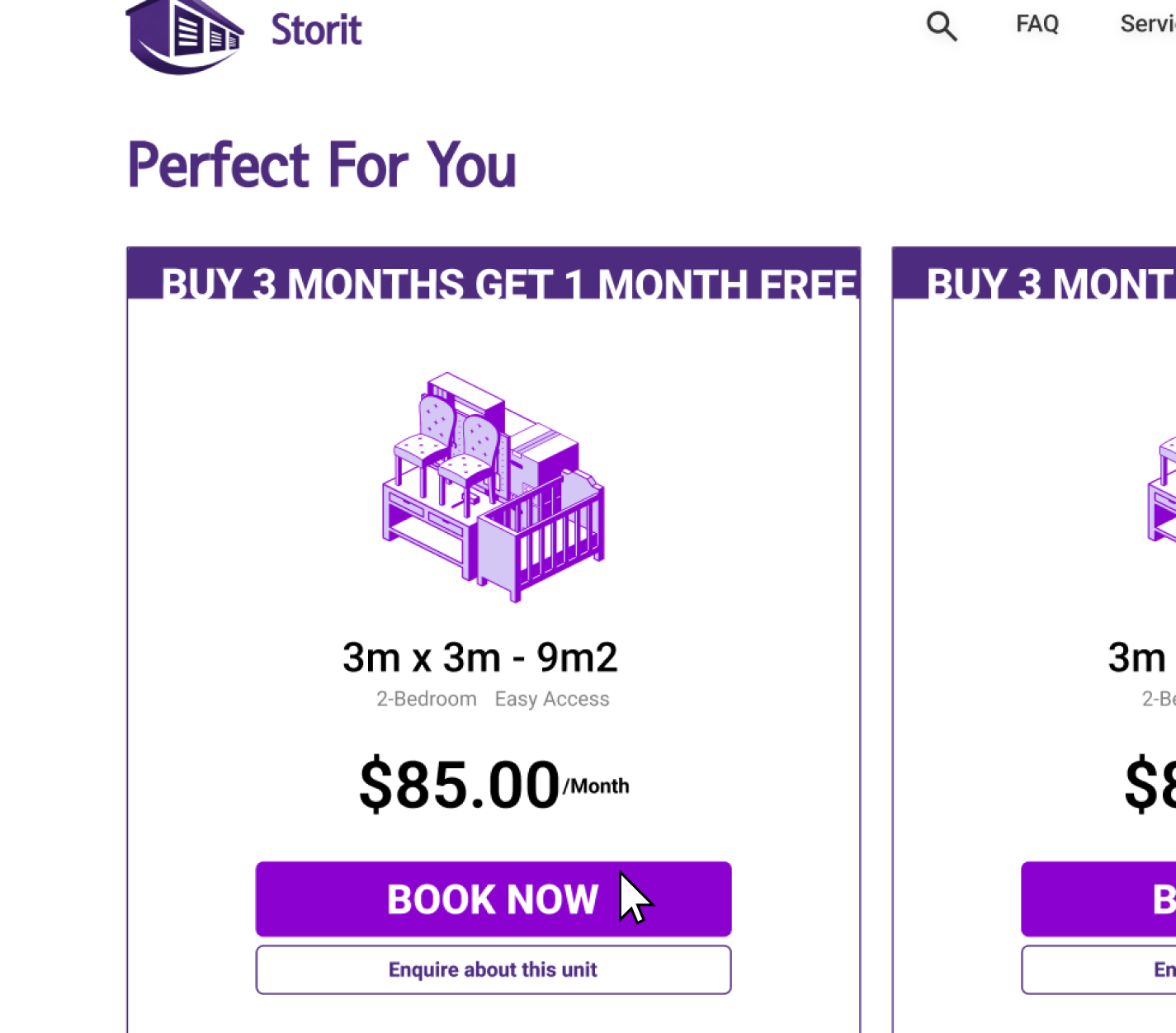 StorIt self-storage booking page built with Alyta software, showing 3x3m unit for $85 per month with online booking option.