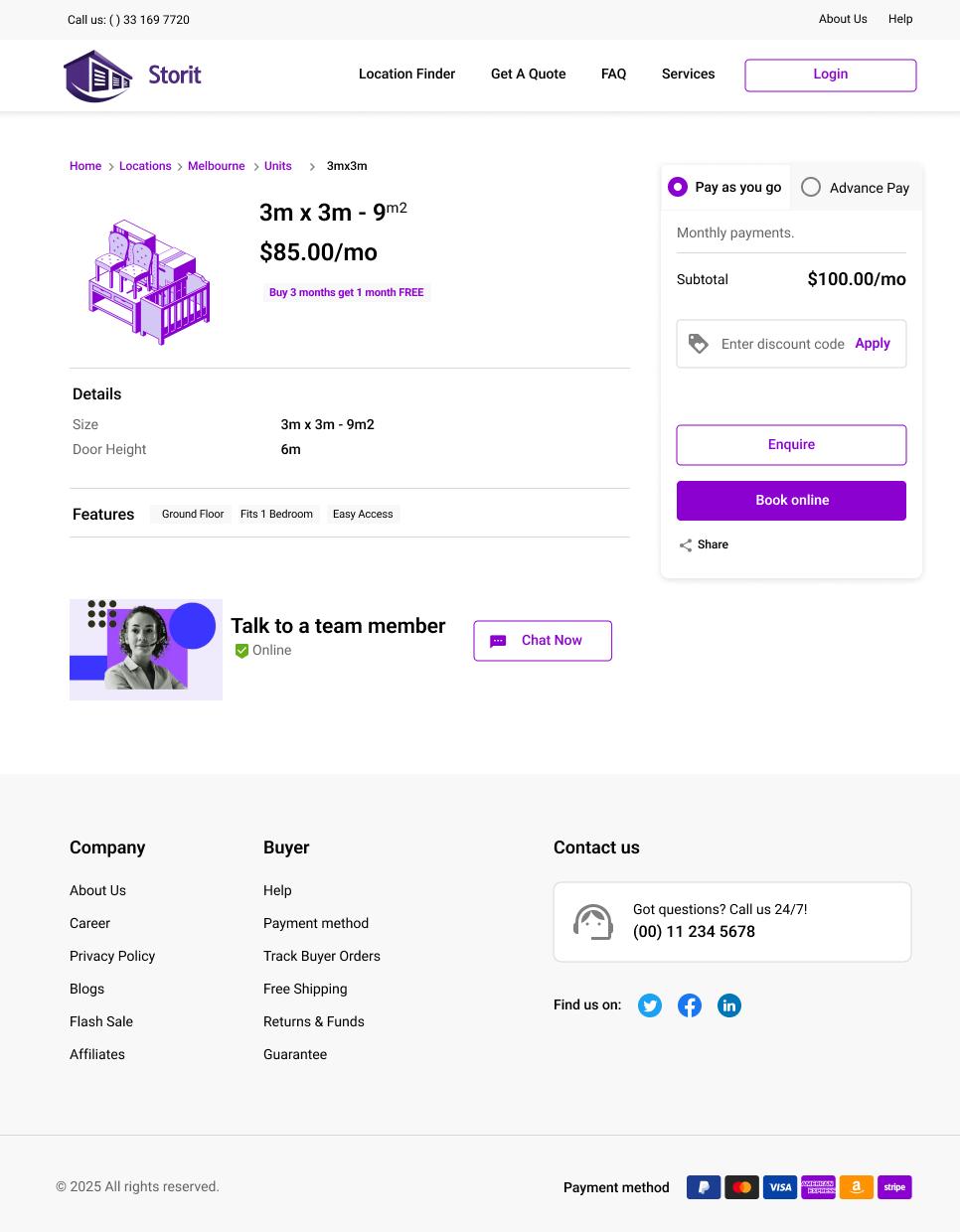 StorIt self-storage unit page built with Alyta — shows 3x3m unit details, pricing, online booking, and live chat support.