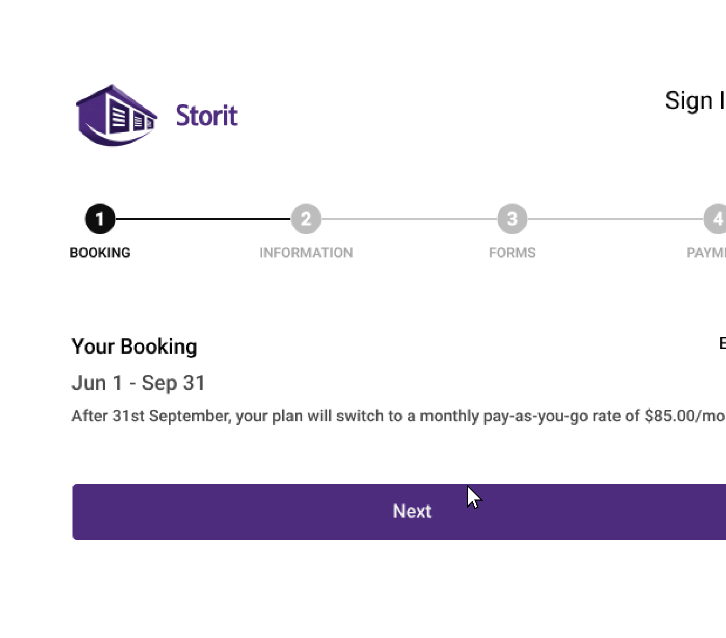 Alyta self-storage software booking interface displaying reservation step, date range, and monthly rate for storage units.