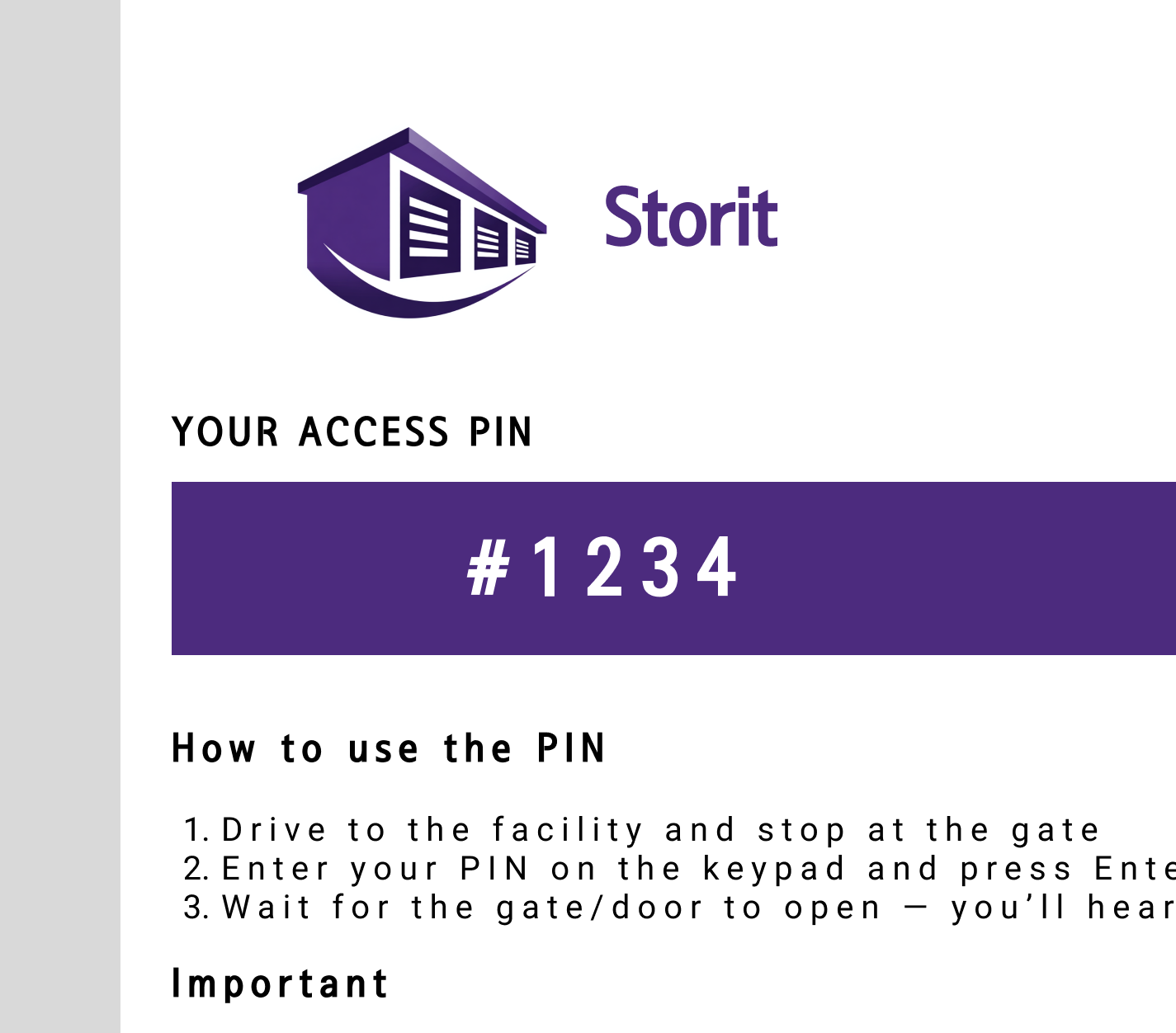 Alyta self-storage platform access PIN email message displaying unique code and how-to steps for customer entry.