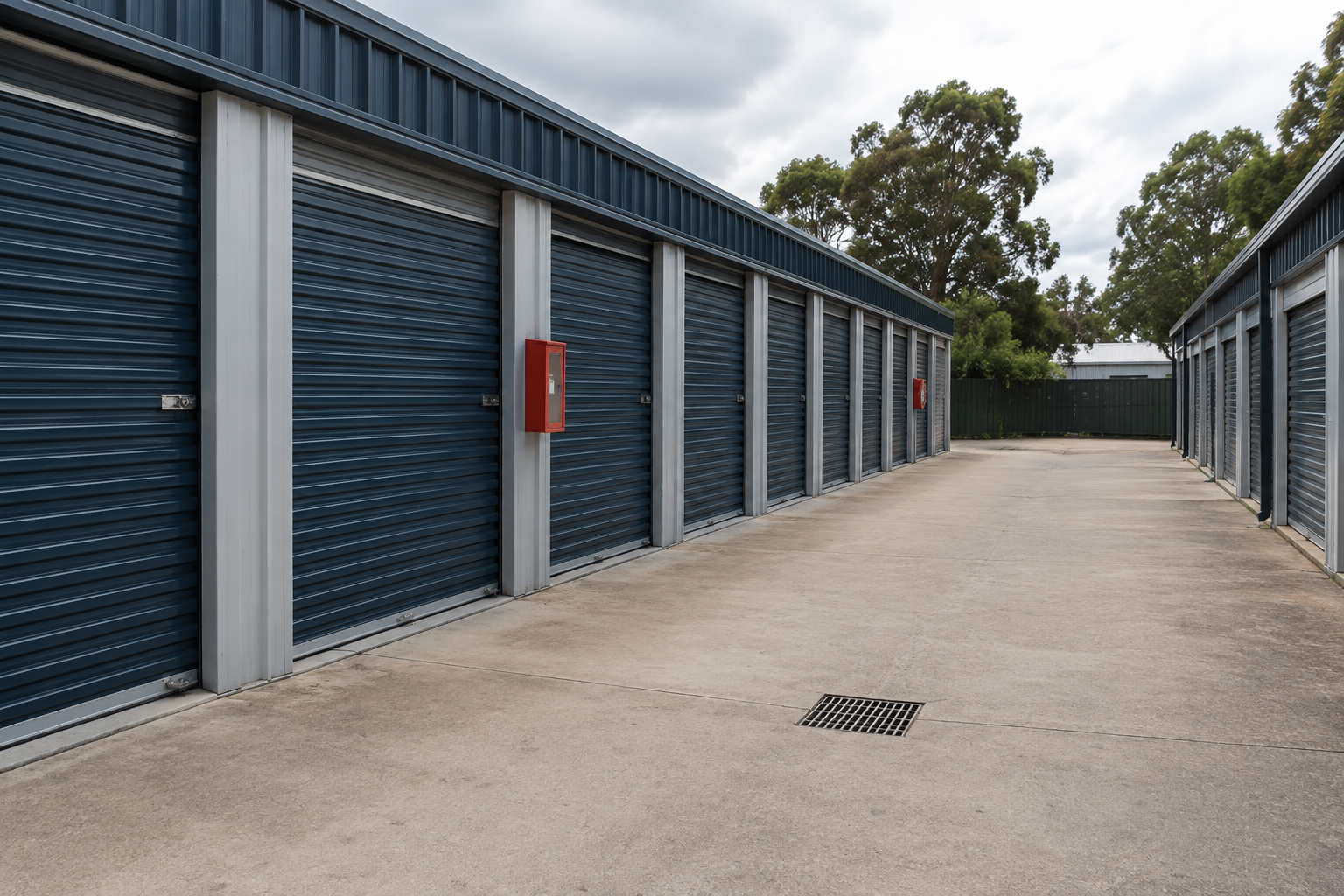Driveway running between rows of blue roller-door self storage units at an outdoor facility.