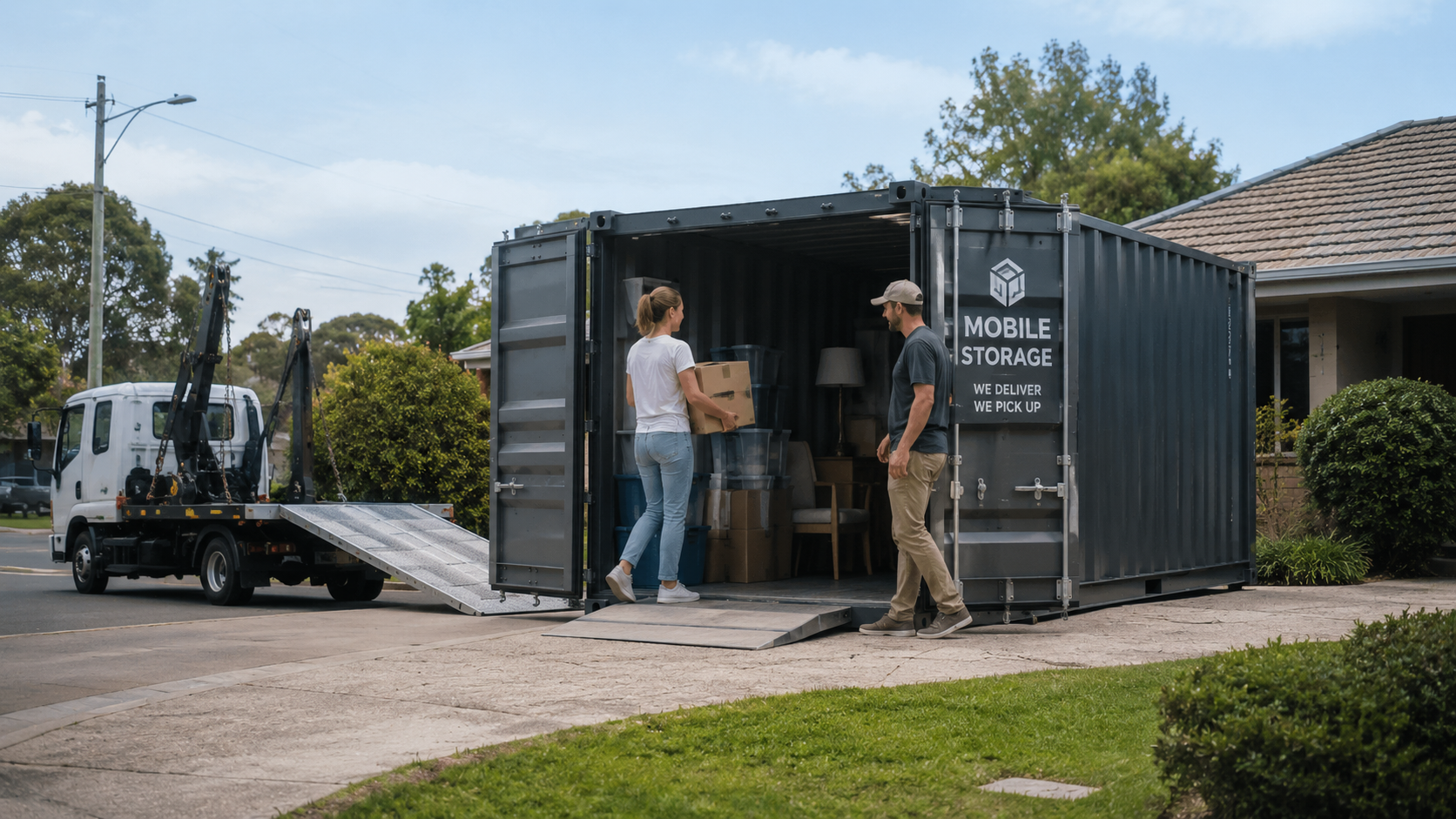 Two people loading boxes into a mobile storage container on a residential driveway, with a delivery truck alongside.