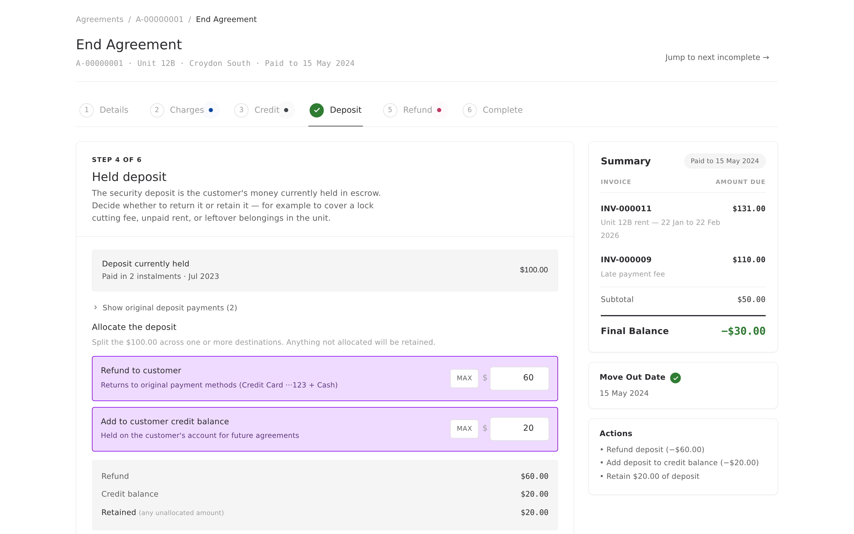 The Deposit tab showing a $100 deposit split three ways: $60 refunded to the customer, $20 added to credit balance, $20 retained.