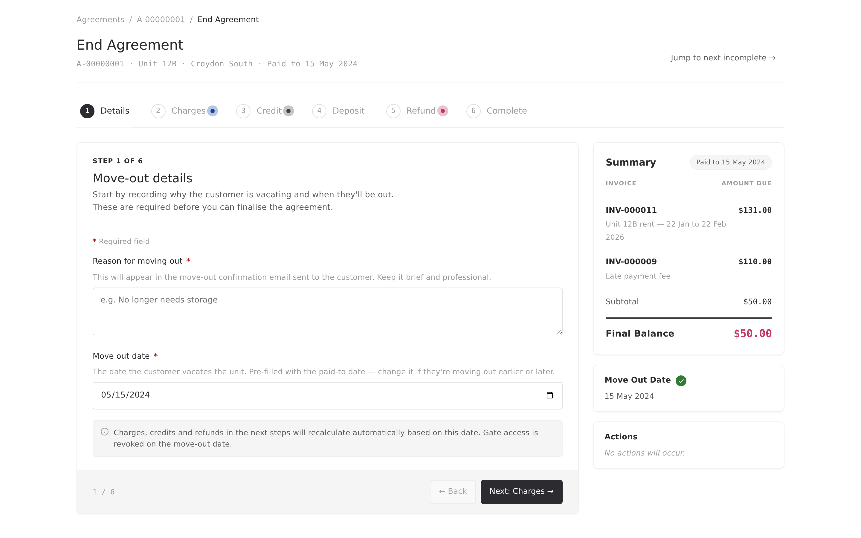 The new End Agreement page in Alyta: six-step guided workflow with a live sidebar for storage move-outs.