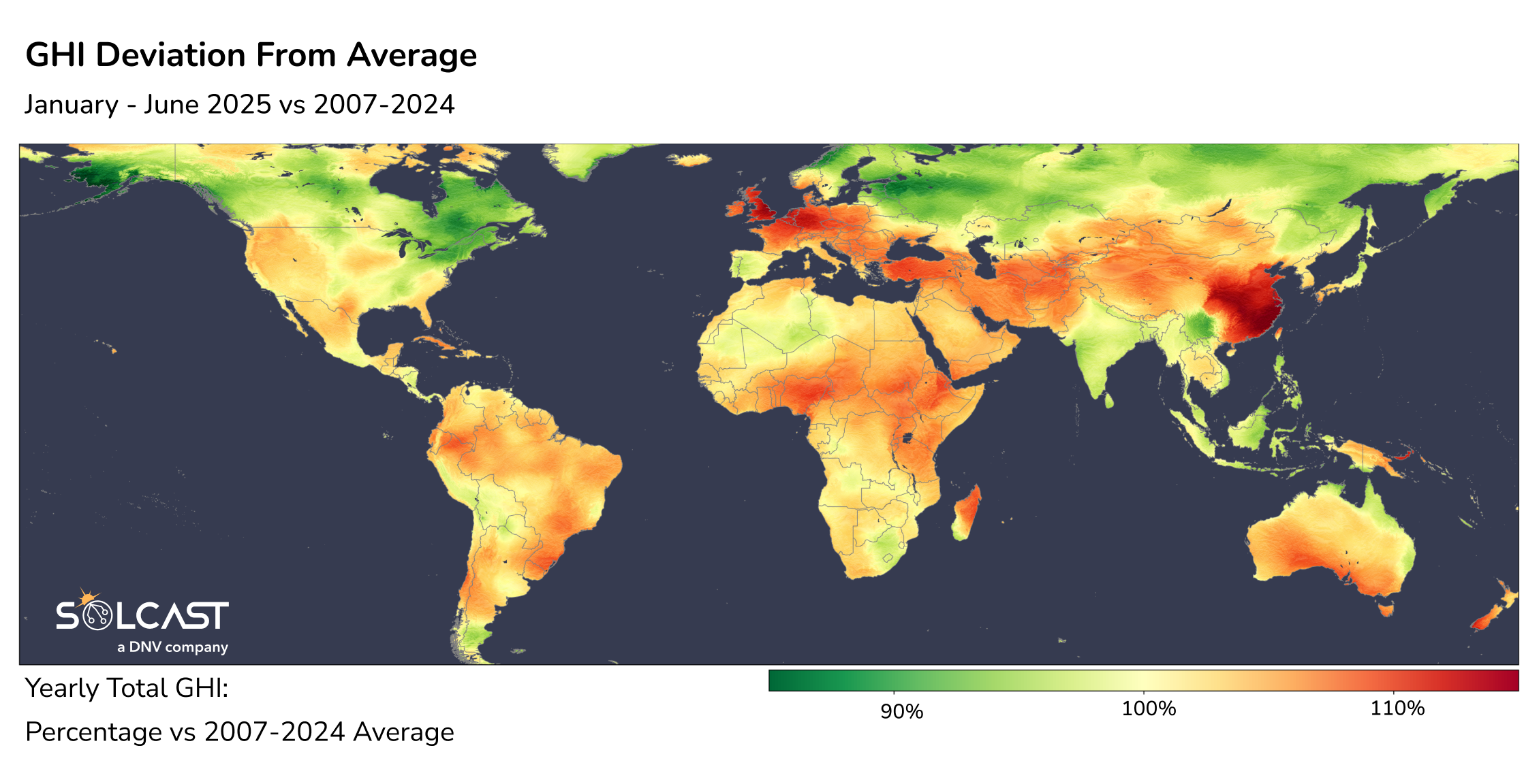 A global solar map showing the January-June 2025 GHI Deviation from 2007-2024 average