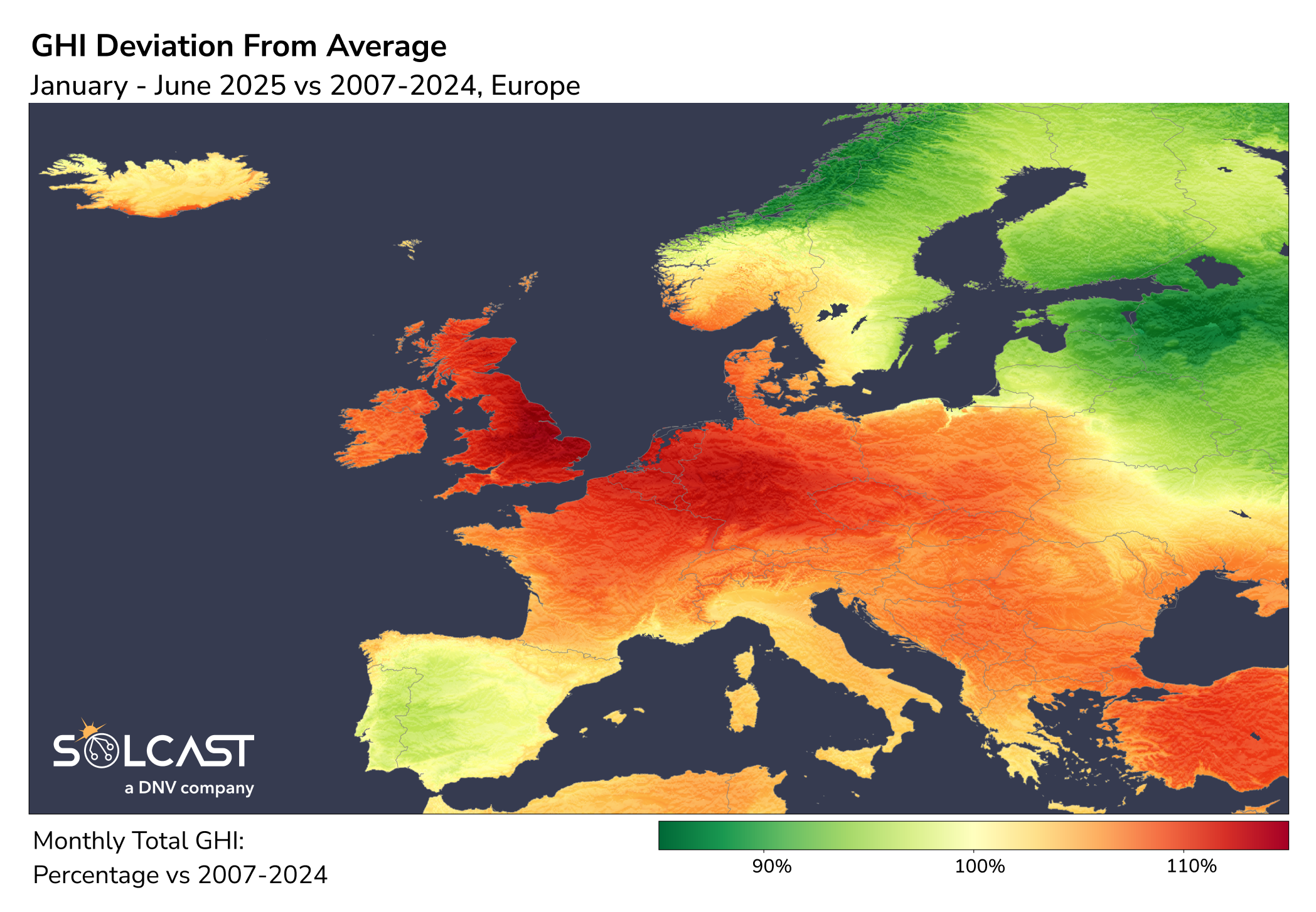A European solar map showing the January-June 2025 GHI Deviation from 2007-2024 average