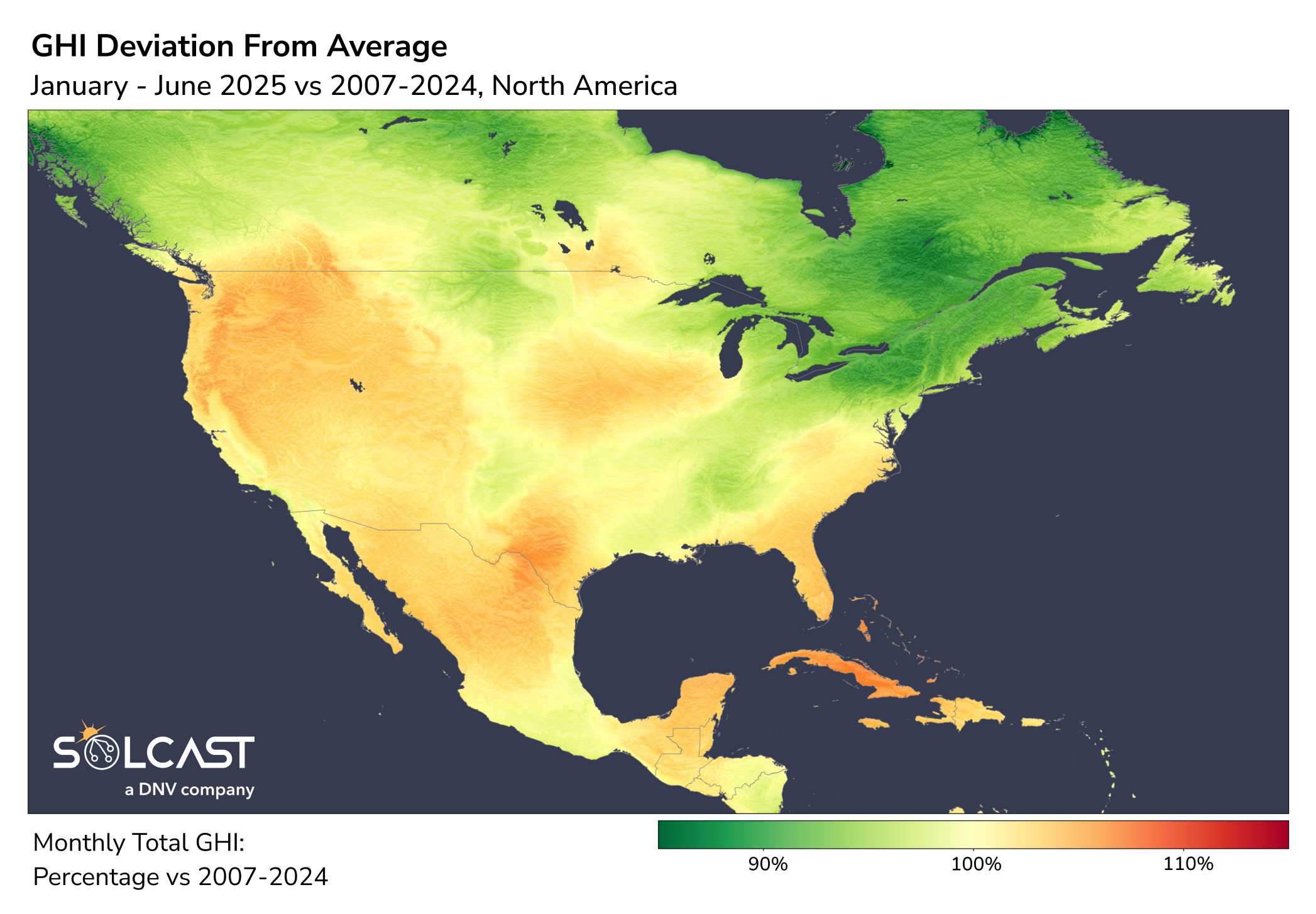 A North American solar map showing the January-June 2025 GHI Deviation from 2007-2024 average
