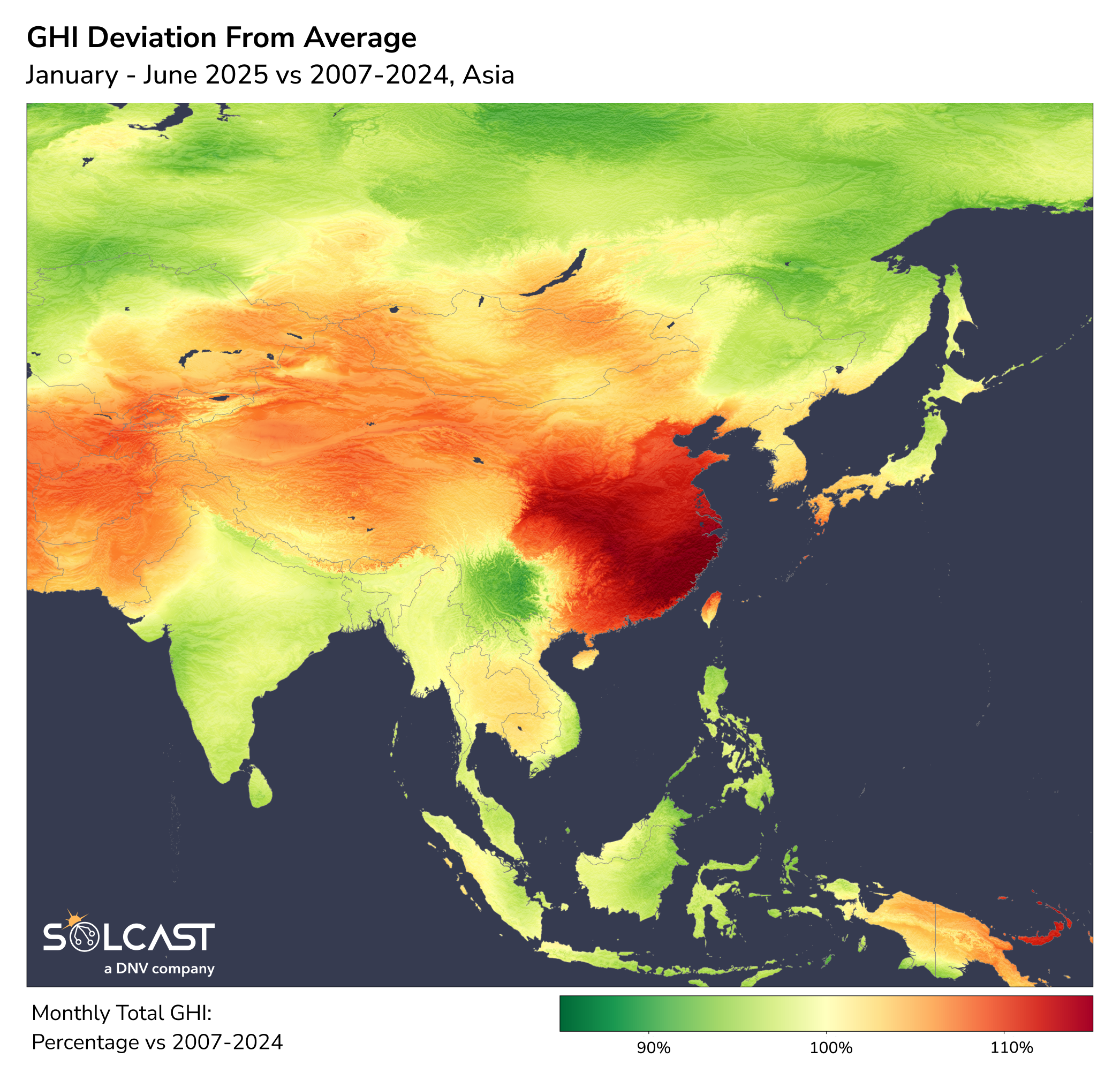 An Asian solar map showing the January-June 2025 GHI Deviation from 2007-2024 average