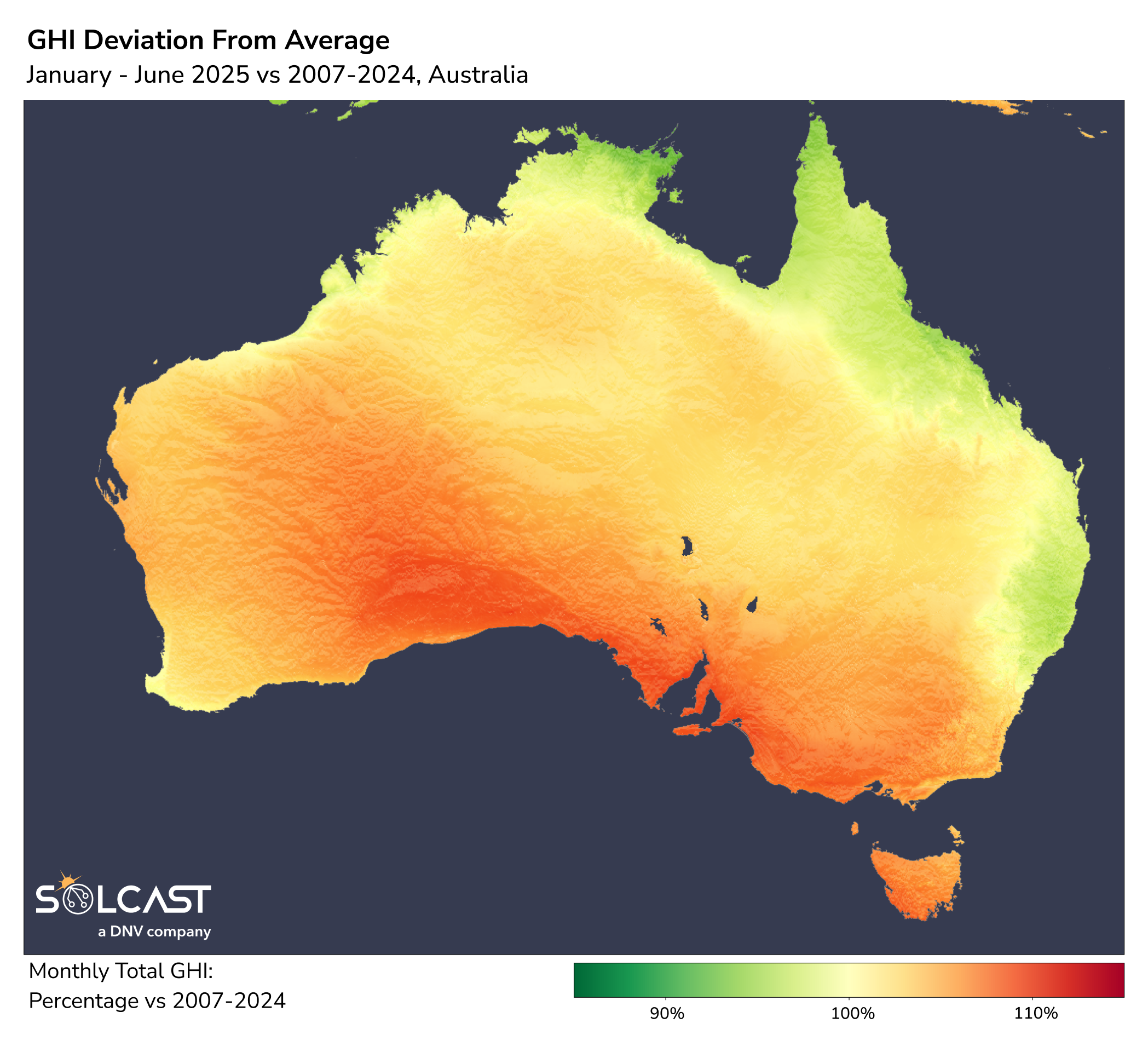 An Australian solar map showing the January-June 2025 GHI Deviation from 2007-2024 average