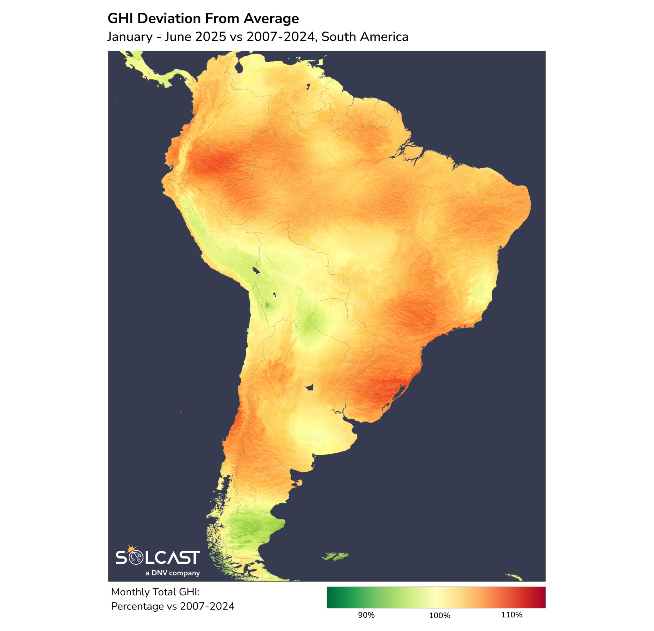 An South American solar map showing the January-June 2025 GHI Deviation from 2007-2024 average