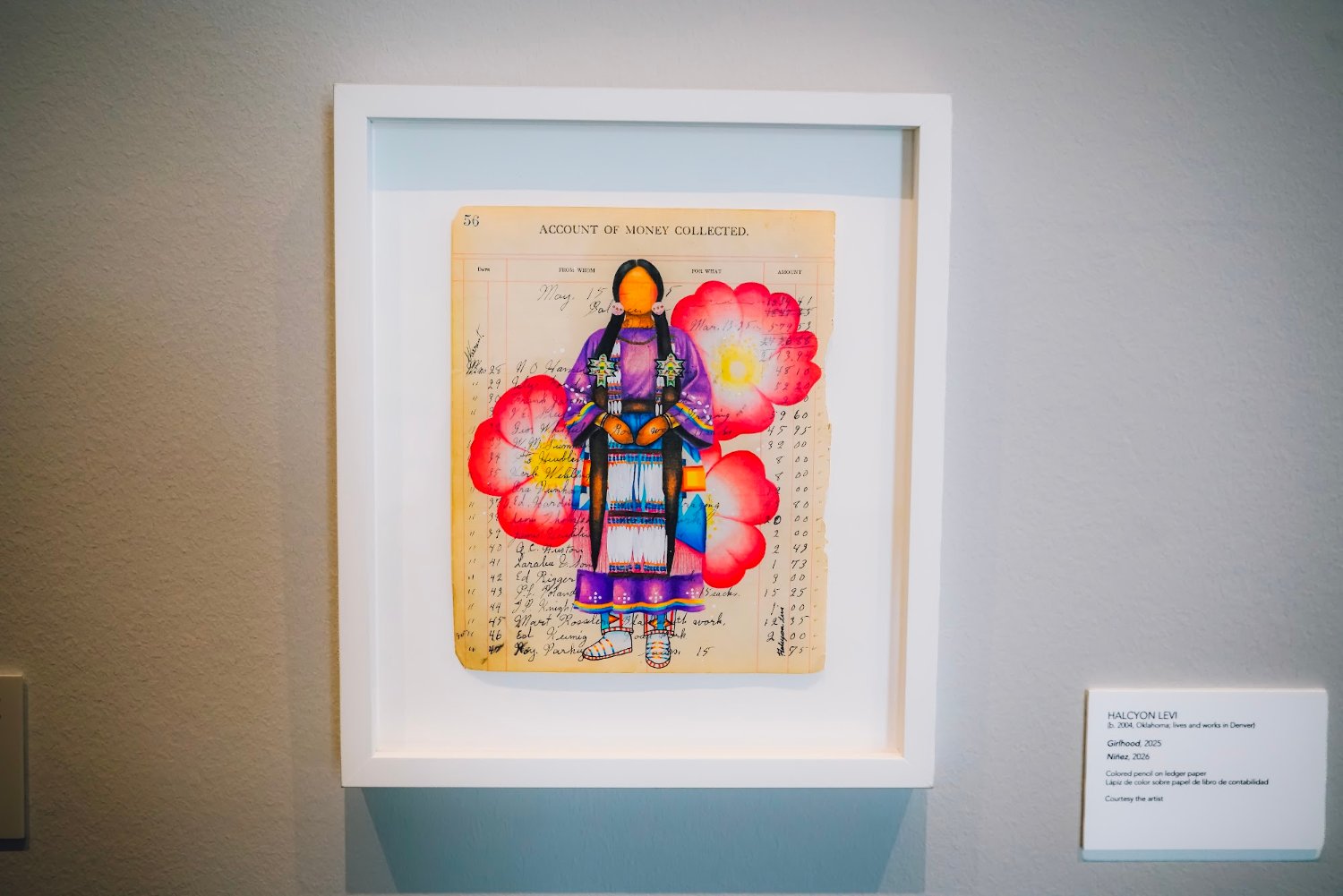 A ledger drawing by Halcyon Levi showing a figure in a pink and yellow dress