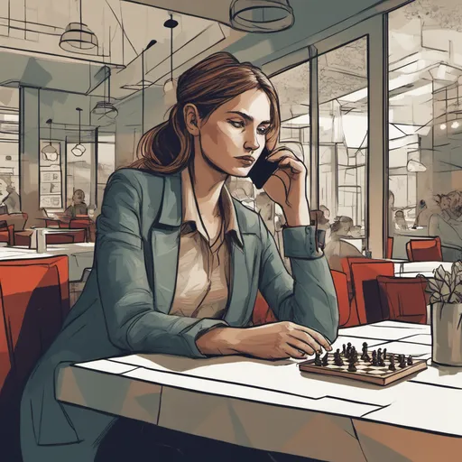 A suspicious-looking woman sitting in a modern café, peering at her smartphone, a chess game happening in the background. Fonor emailbot provides that right language to insurance responses, treating the customers with respect