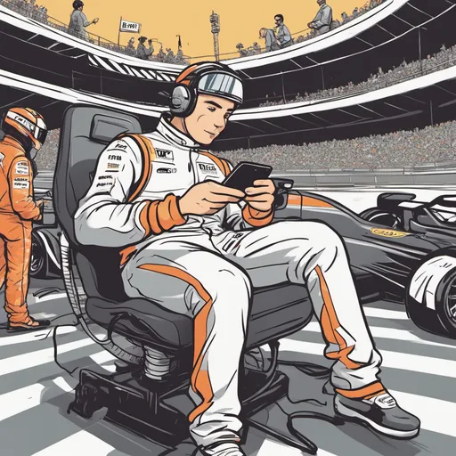 A lively Formula 1 racetrack; Adam, an enthusiastic rookie driver, stands holding a smartphone. This signifies the speed and efficiency with which Fonor emailbot is able to help with incoming emails