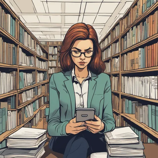 A stern woman sitting in a modern library, deeply engrossed in her smartphone with rows of books in the background. Fonor emailbot helps out with insurance documentation questions