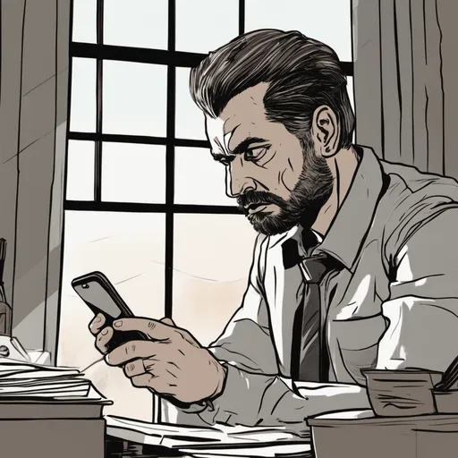 A man displaying a stern expression as he critically examines the screen of his smartphone at his desk. Fonor assists with detecting fraudulent insurance claims