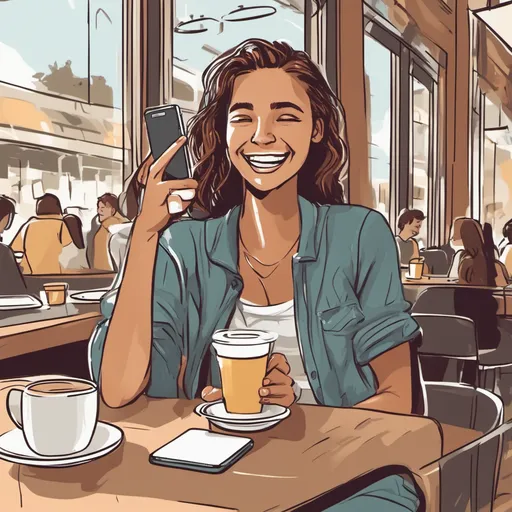 A young woman joyfully sitting at a café with a smartphone in her hand. Fonor has provided insurance recommendations