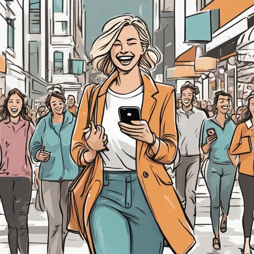 Image showcasing a joyful young woman at a café engrossed in her smartphone. Fonor brings customer satisfaction with email responses