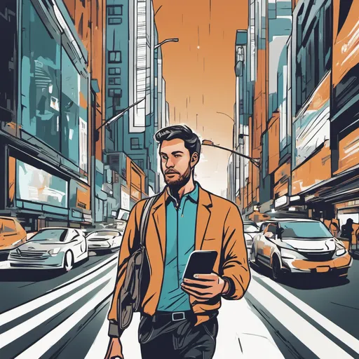 A man with a serious expression walking in a bustling city street, smartphone in hand, looking at the instant email response he got for his insurance query. Fonor automatically responds to emails