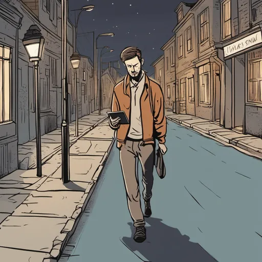 Image showing a tired man walking down a quiet street, smartphone in hand, with a softened weary expression. He still gets email answers to his questions on insurance at this late hour, because Fonor provides instantaneous response