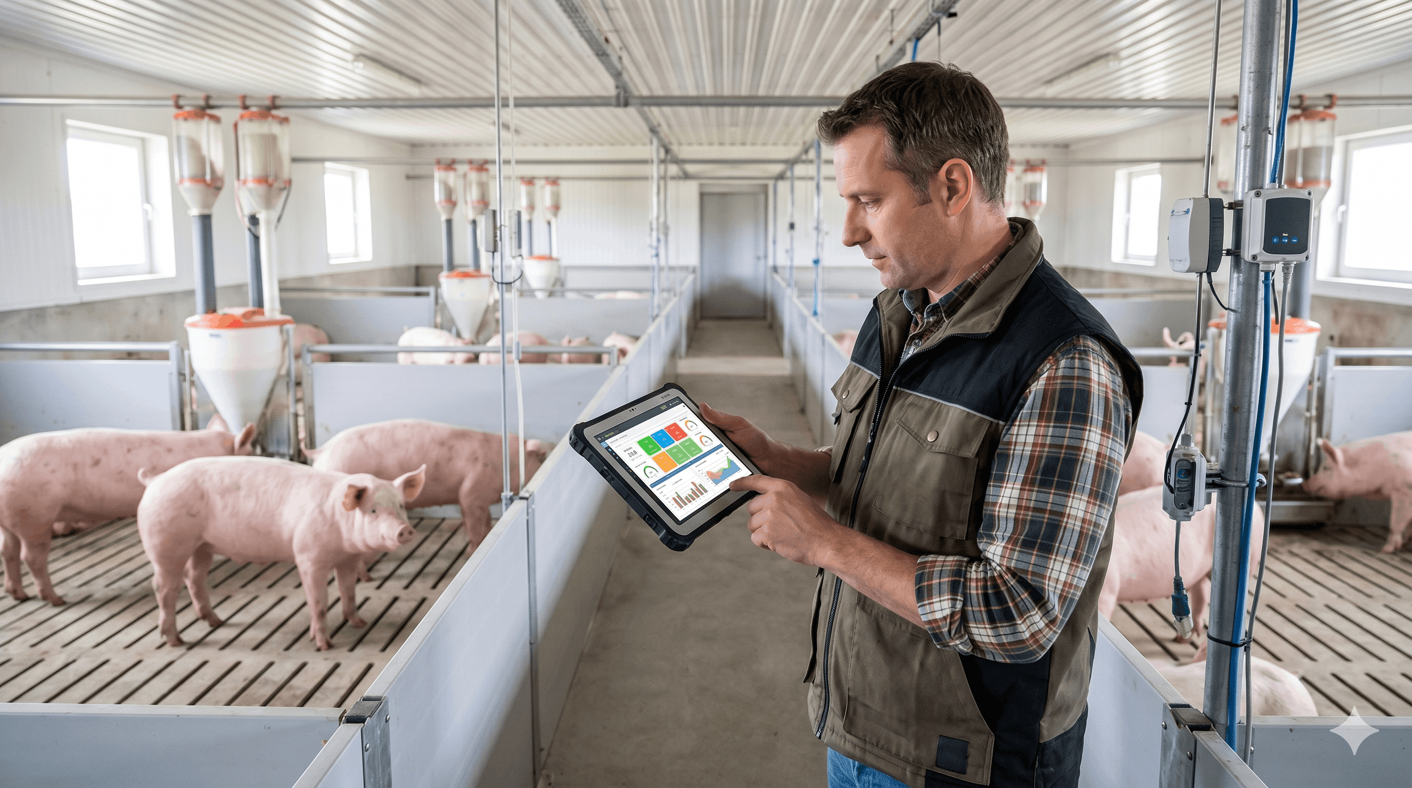 Farmer using a tablet to monitor data inside a modern pig barn with multiple pens of pigs.