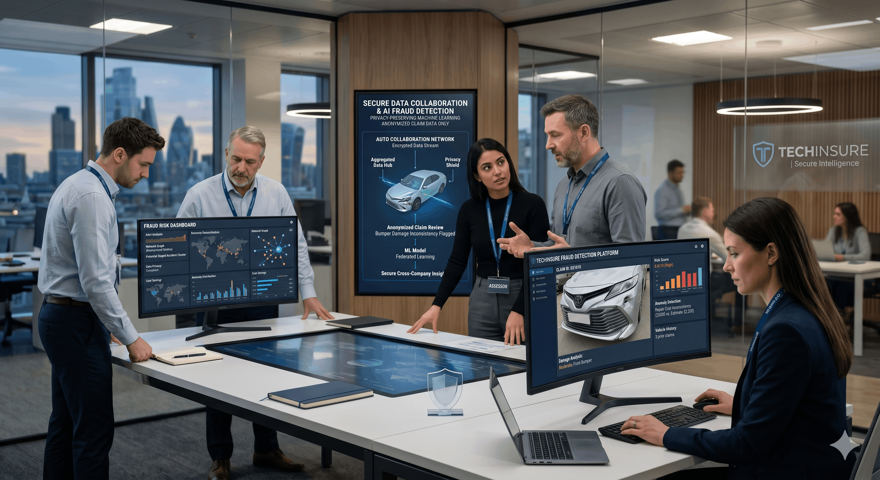 Four professionals in a modern office analyzing fraud detection data on multiple screens showing vehicle damage and risk dashboards.