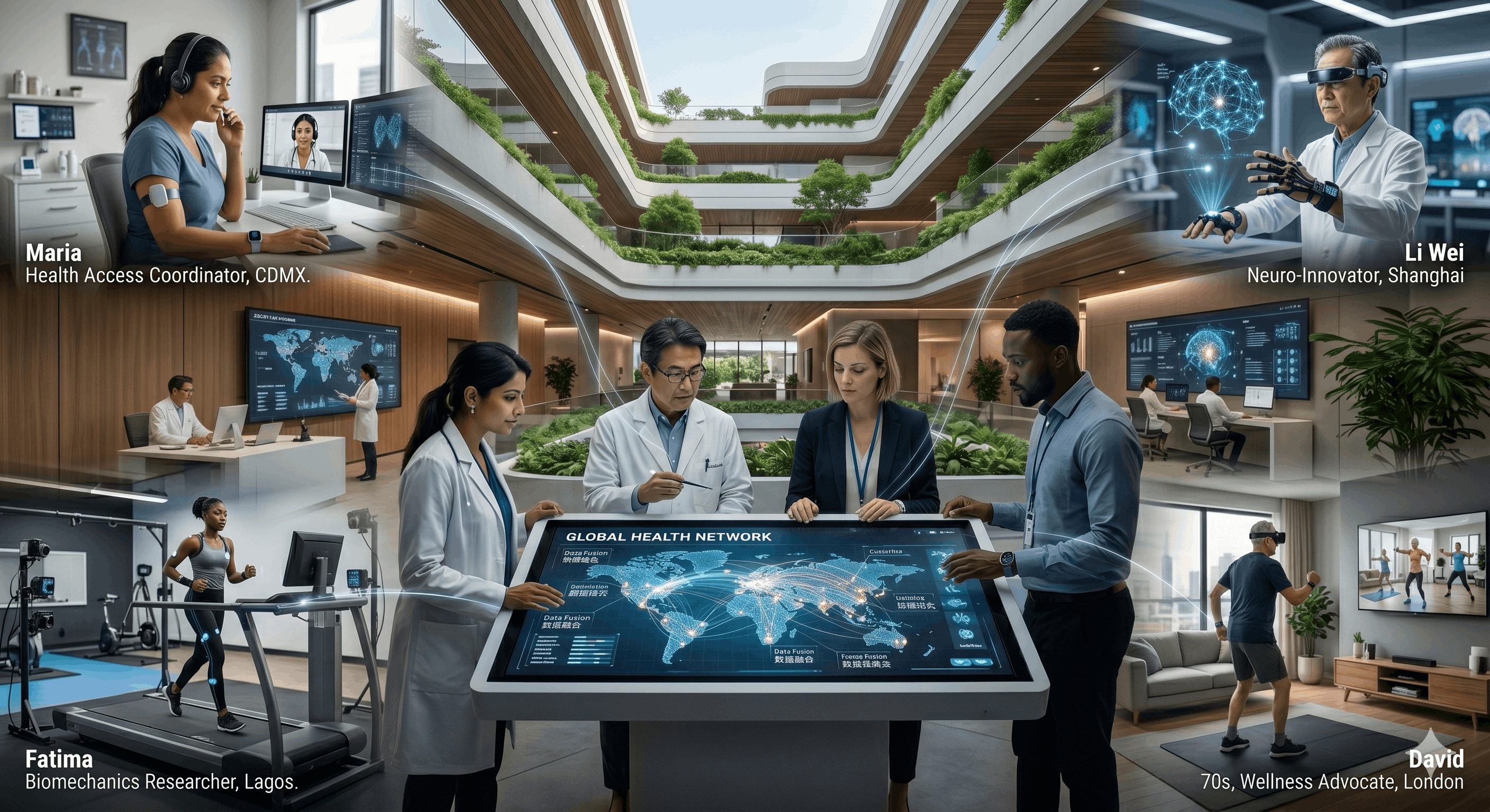 Medical and wellness professionals from different global cities collaborate around a digital world map with health data connections, with scenes showing virtual consultations, biomechanics research, neuro-innovation, and remote fitness coaching.