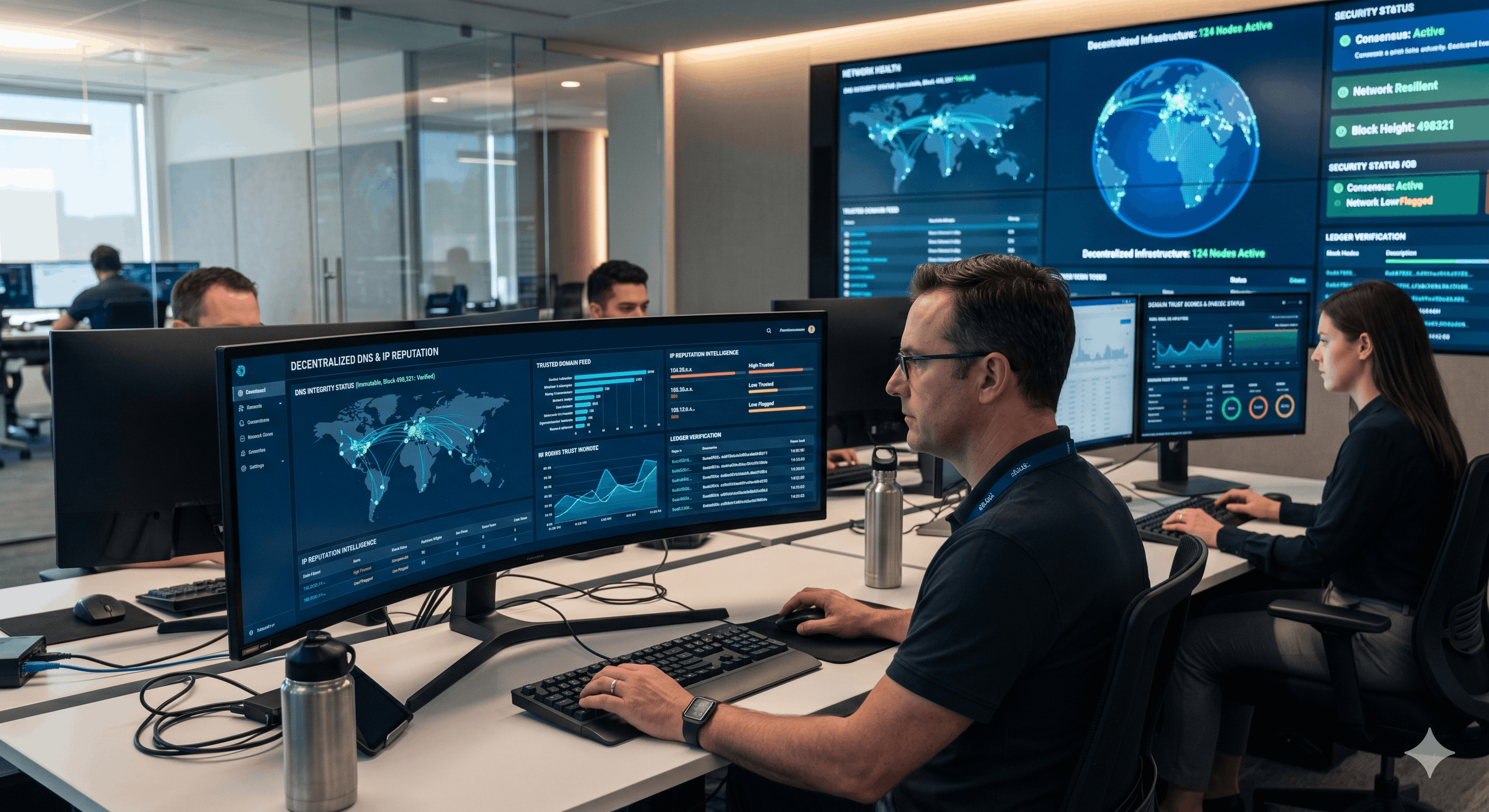 Two cybersecurity analysts monitor global network and DNS reputation data on multiple screens in a high-tech office.