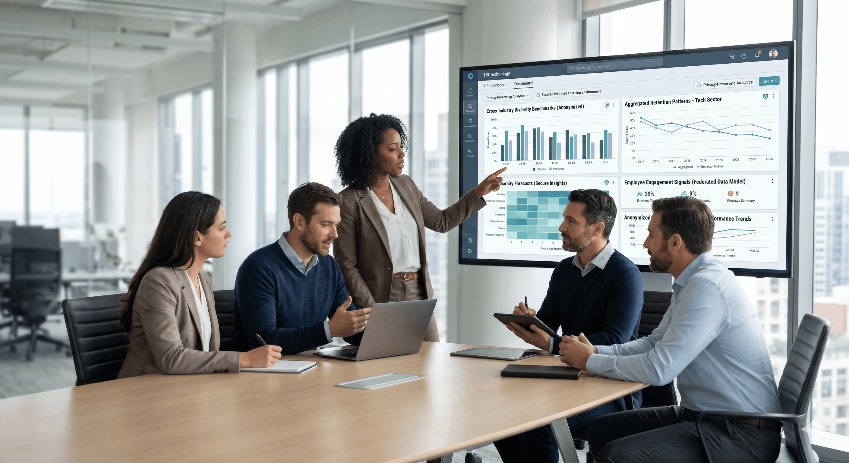 Businesswoman presenting data charts and analytics on a large screen to four colleagues in a modern office meeting room.