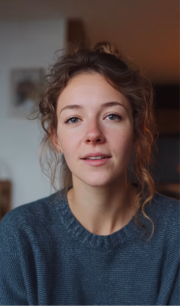 Młoda kobieta z kręconymi włosami w niebieskim swetrze patrzy prosto w kamerę w domowym otoczeniu.