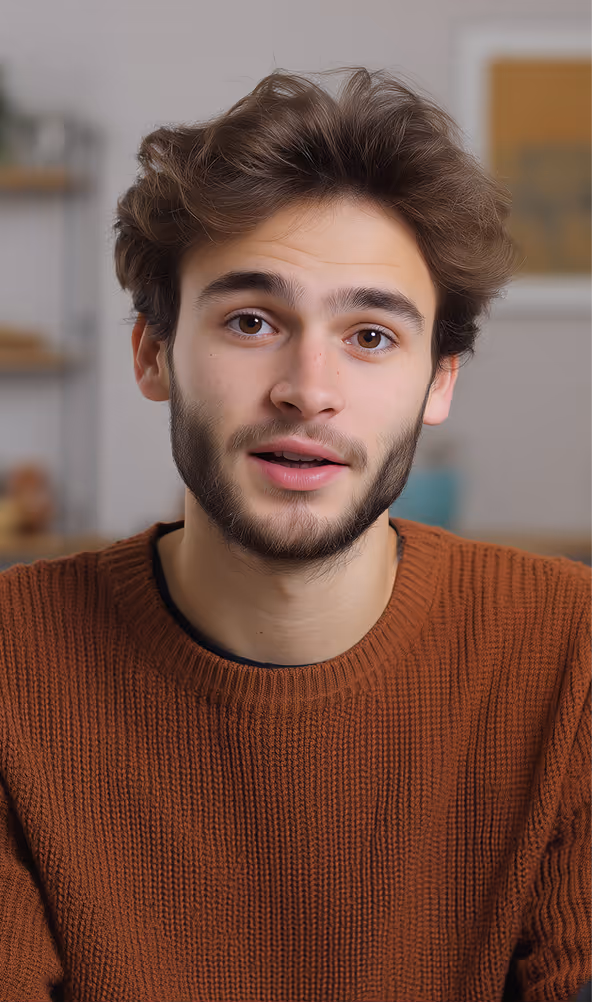 Mężczyzna z brązowymi włosami, brodą i w brązowym swetrze patrzący prosto przed siebie.