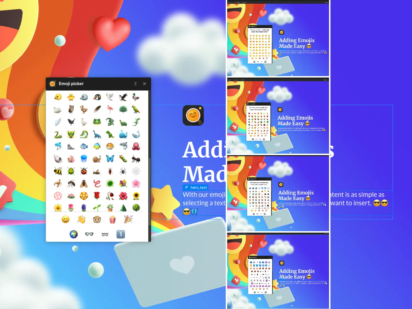 Screenshot of an emoji picker window showing various animal and object emojis on a colorful background with text 'Adding Emojis Made Easy'.