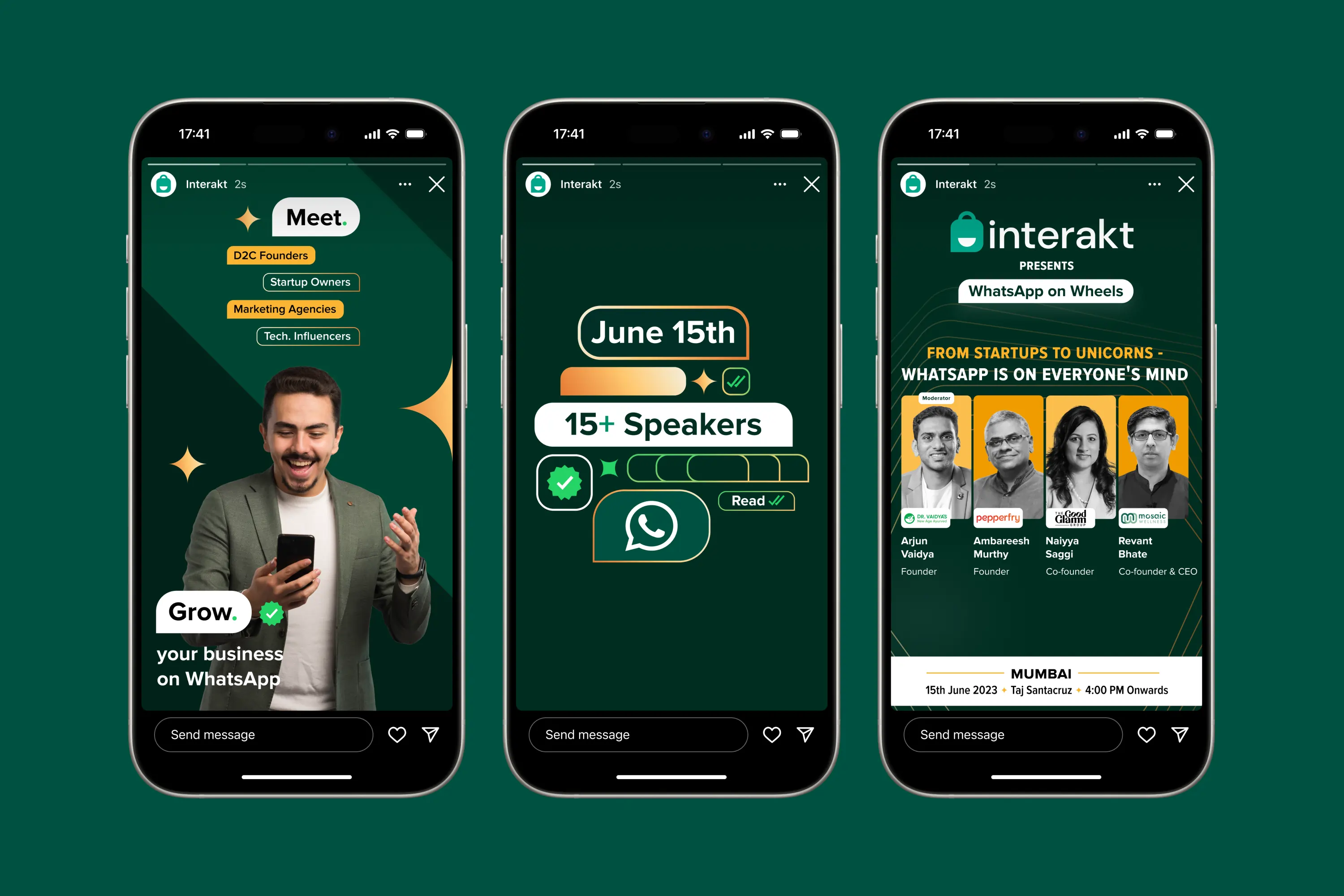 3 phone mockups showing Instagram reel examples of the Interakt brand